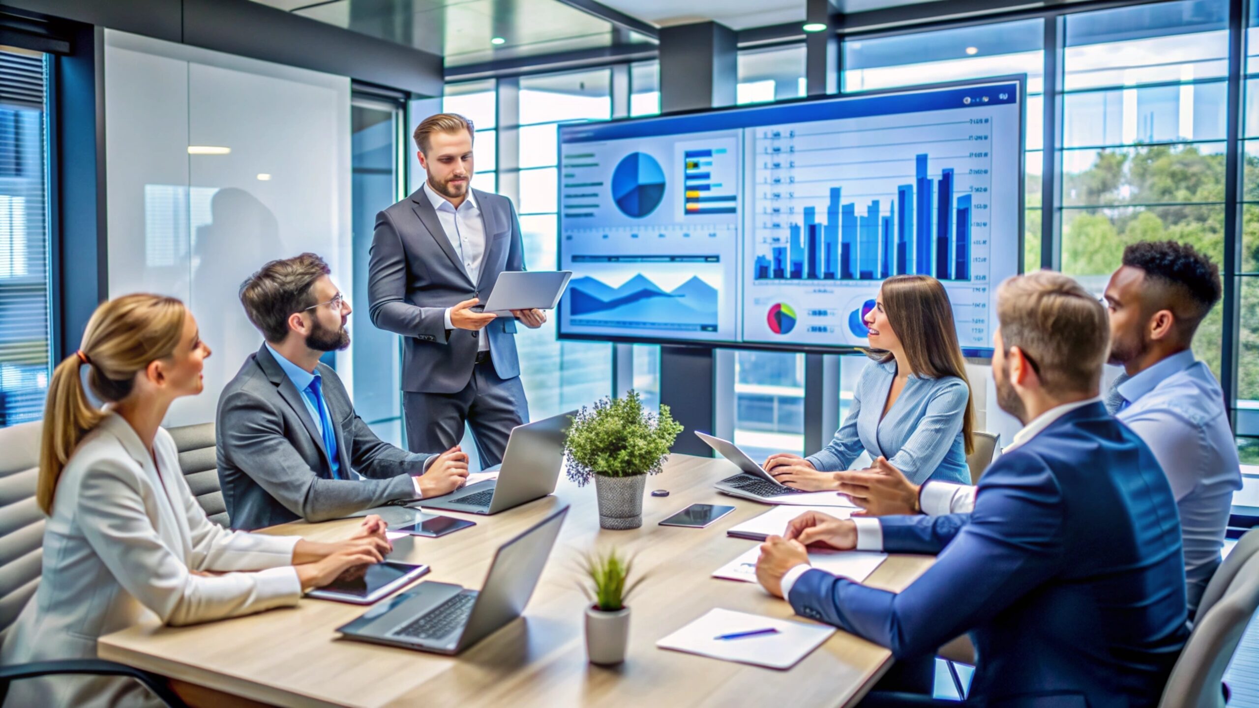 Business people in a meeting, discussing financial data.